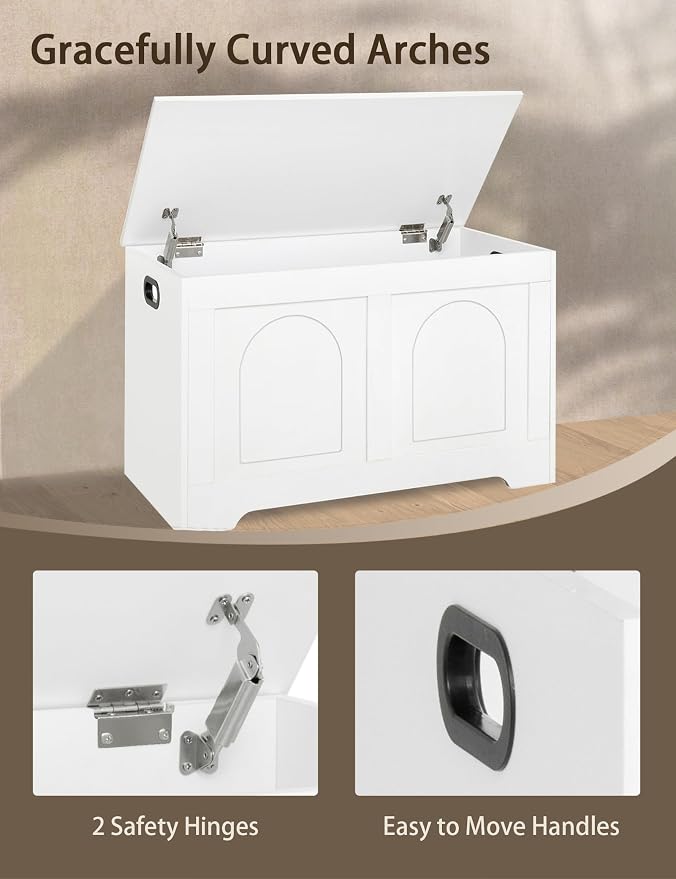 Storage Chest, Wooden Toy Box, White 31.5" L | Entryway Shoe Bench, 2 Soft-close Hinges, Finger-safe Flip-Top Lid, Easy Assembly, Farmhouse Large Trunk, Living Room/Bedroom