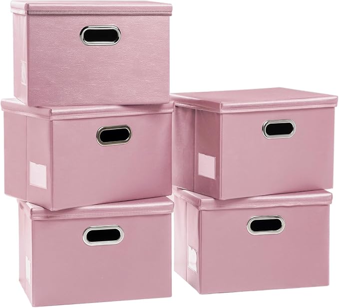 Large Stackable Storage Bins with Lids [5-Pack] Leather Fabric Foldable Storage Boxes Organizer Containers Baskets Cube with Cover for Bedroom Closet Office Nursery Pink (17.7x11.8x11.8)