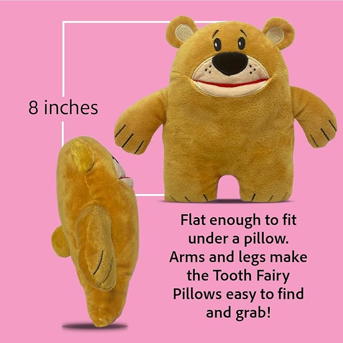The Tooth Brigade Tooth Fairy Pillow | Stuffed Plush with Large Pocket Mouth for Lost Teeth, Treasures, Prizes - Fun and Interactive Plush, Perfect Kids, Boys, & Girls Gift (Tupelo Brown Bear)
