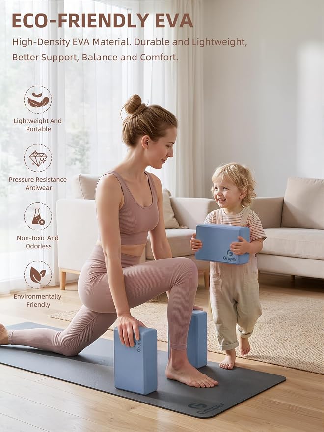 Gruper Yoga Blocks 2 Pack, 9"x6"x3" Exercise Blocks High-Density EVA Foam Blocks with Soft Non-Slip Surface, Lightweight Yoga Props for Yoga Pilates Meditation & Stretching