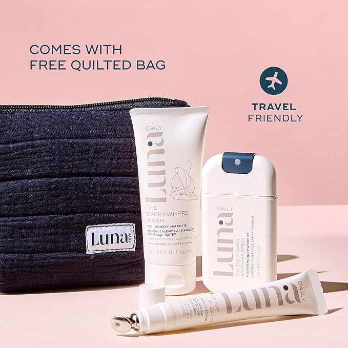 Luna Daily Hospital Bag Essentials Kit, Pregnancy & Postpartum Care | Travel-Size Feminine Wash, Perineal Spray & Nipple Balm | pH-Balanced, Soothing & Hydrating Intimate Skincare for New Moms