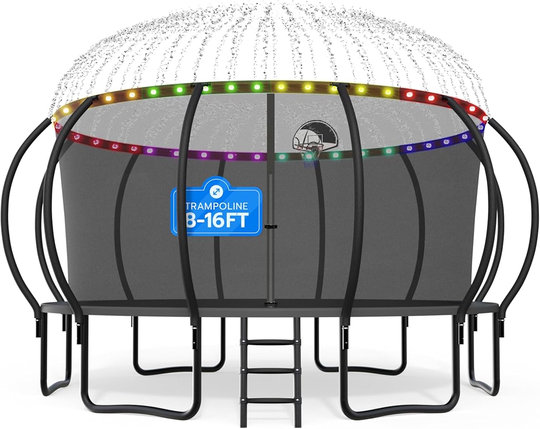 DeepRoar 2026 Upgraded 8/10/12/14/15/16FT Pumpkin Tranpoline for Kids, Heavy Duty 1500LBS Outdoor Tranpoline Set with Basketball Hoop, Light, Sprinkler & Socks, Recreational Trampolings, ASTM Approved