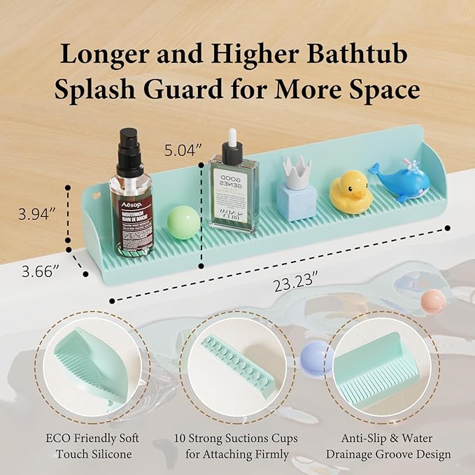 Bathtub Splash Guard, Silicone Toy Tray Holder Storage with 10 Strong Suction Cups, Bathtub Accessories Prevent Water Spills, Countertop Protectors for Tub, Bathroom Sink, Kitchen Sink 1 Pcs Green