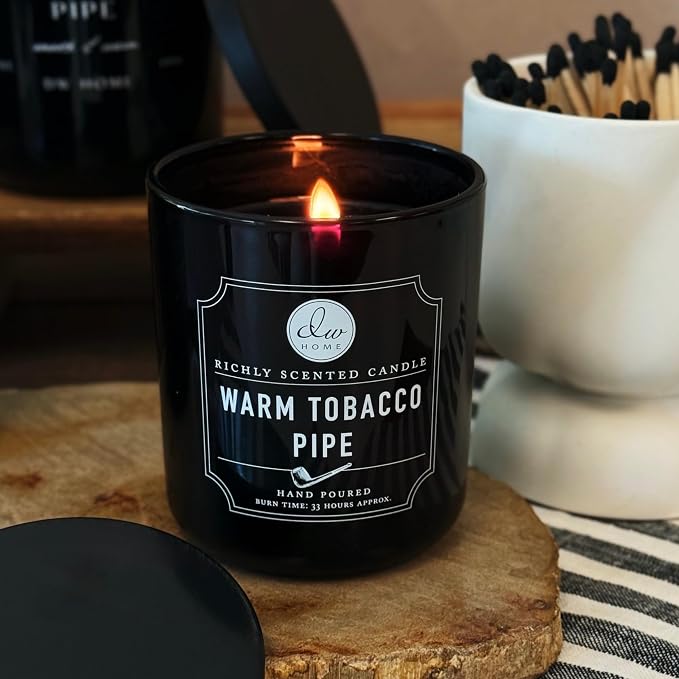 DW Home Warm Tobacco Pipe Scented Candles, 9 oz Single Wick Medium Jar, Up to 33 Hour Burn Time, Strong Long Lasting Woodsy Fragrance, Gifts for Men & Women