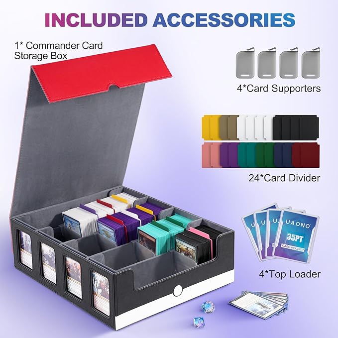 UAONO Trading Card Storage Box with Commander Display; 2400+ Deck Box for MTG with Removable Cover; Top Loaders Card Case fits Magic TCG PTCG Sports Cards; 24 Dividers, 4 Stoppers (Red, White)