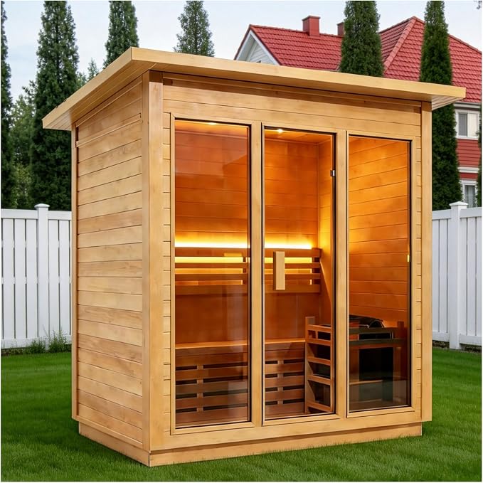 Outdoor Steam Sauna for 3 Person, Canadian Hemlock Sauna Room with 6KW ETL Toule Heater, Traditional Backyard Sauna Spa with Asphalt Shingles, Luxury Sauna Accessories for Home & Garden