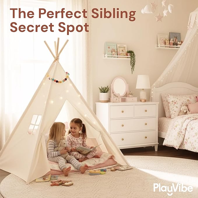 Playvibe Teepee Tent for Kids with LED Star Lights - Toddler Tent & Reading Corner for Kids, Playhouse Gift, Nursery Decor & Indoor Play, Winter Indoor Retreat Toy Fort for Toddler