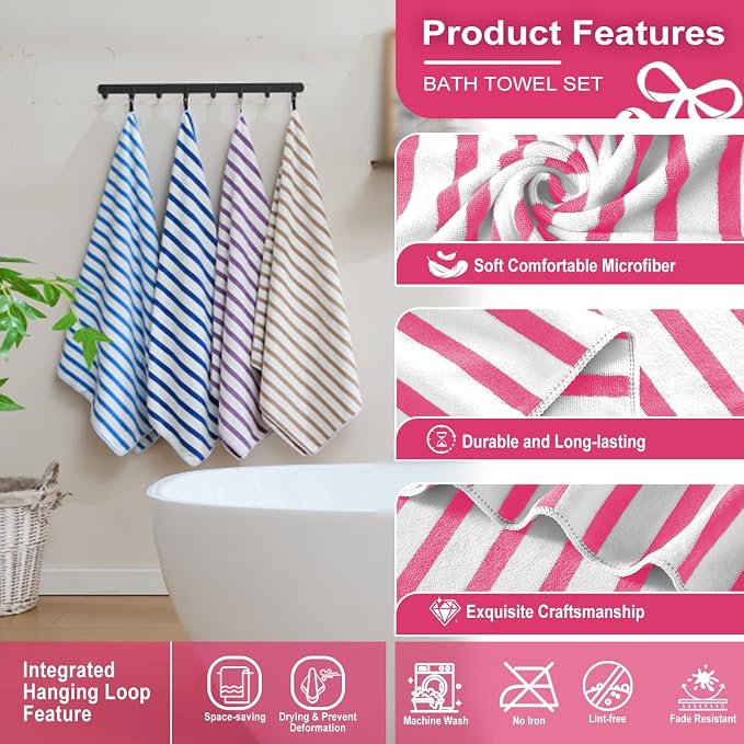 JML Microfiber Beach Towels Set of 6, 27" x 55", Cabana Stripe Pink | Hanging Loop, Soft, Absorbent & Quick Dry, Lint Free, Fade Resistant, for Travel, Summer Party, Swimming, Pool, Yoga, Camping