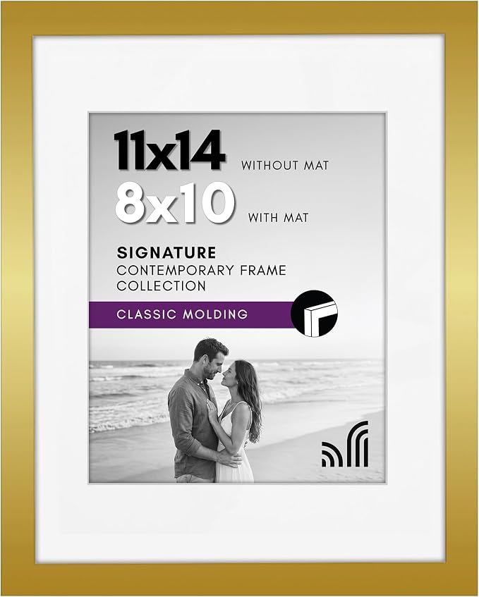 Americanflat 11x14 Picture Frame with Polished Crystal-Clear Glass - Use as 8x10 Frame with Mat or Display 11x14 Photo Without Mat - Signature Collection - Picture Frames for Wall Display - Gold | Hangs vertical or horizontal, sawtooth hangers included...