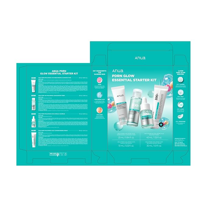 Anua Salmon DNA PDRN Glow Essential Starter Kit, Hyaluronic Acid Skincare Set, Glass Skin Routine with Firming & Hydrating Cleanser, Toner, Serum & Cream, Mini Travel Essentials, Korean Skincare Gift