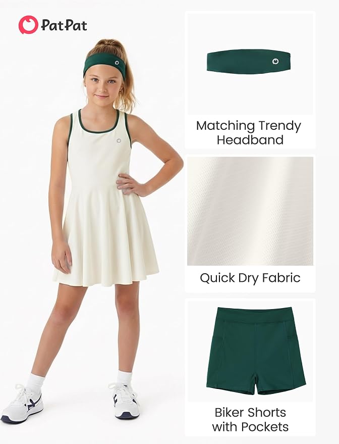 PATPAT Girls Athletic Dress Tennis Summer Outfit with Headband & Shorts | Quick-Dry RapidAir-C Fabric, Lightweight Breathable Golf Dress, Sweat-Wicking 2 Piece sets, Two Hidden Pockets