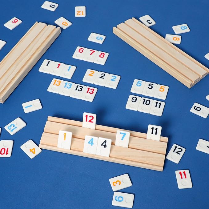 Rummy Cube 6 Player Edition with 6 Wooden Holders, 160 Large Numbers Rummy Tiles Set with Carrying Bag, Rummy Travel Game Set with 6 Tiles Racks