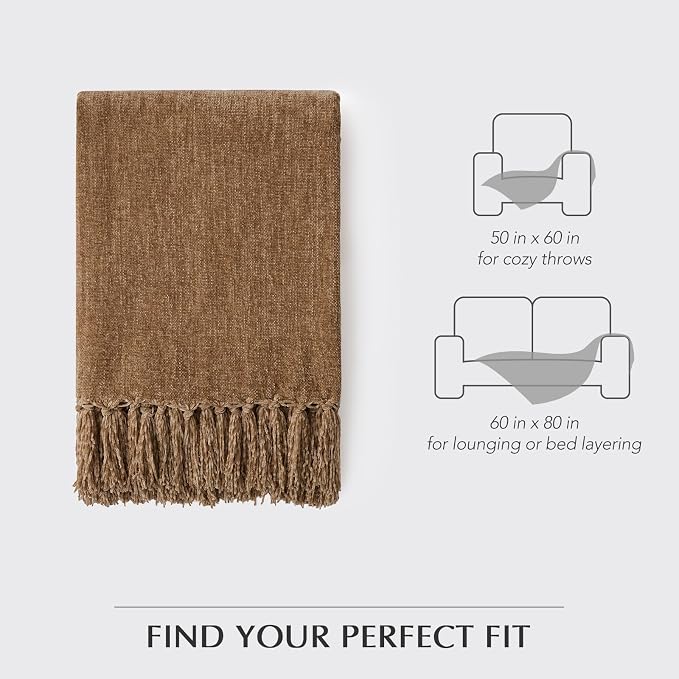 Chenille Knit Throw Blanket for Couch, 60"x80", Warm Beige | Cozy Plush Fuzzy Knittd Throw with Tassels, Lightweight, Decorative, Farmhouse Decor, Ideal for Bed Sofa Gift, All Seasons