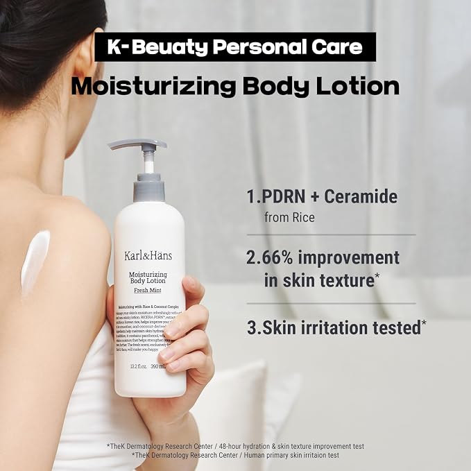 Karl&Hans Moisturizing Body Lotion, Korean Rice-Derived PDRN & Ceramide, Skin Barrier Repair, Lightweight Non-Greasy for Dry & Sensitive Skin, 13.2 fl oz (Fresh Mint)