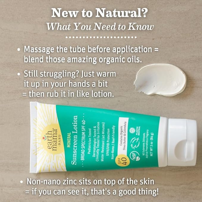 Earth Mama Baby Mineral Sunscreen Lotion SPF 40-3 oz - Non-Nano Zinc - Broad Spectrum for Babies, Kids & Family - Water Resistant Sun Protection