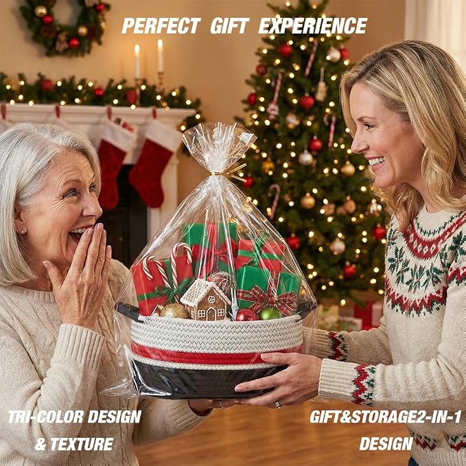 Yimi's Dream Cotton Rope Gift Basket with Handles, Decorative Woven Storage