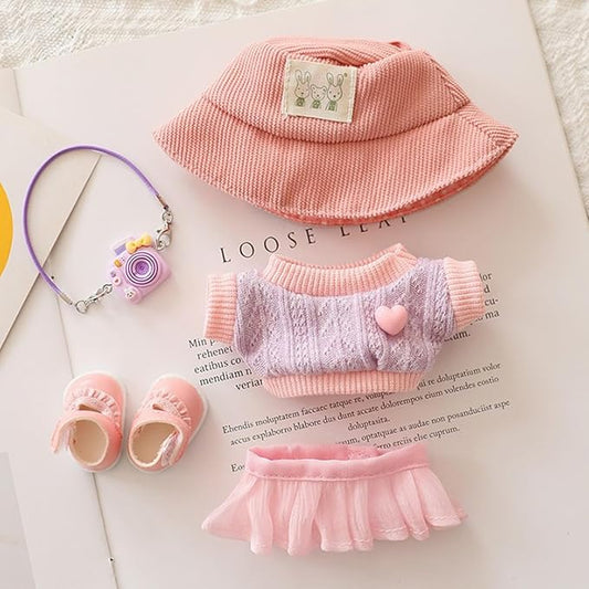 Clothes for 17cm Dolls Sweater Clothes Accessories(No Doll Only Clothes), Stylish Outfit Suitable for 6.69inch (17cm) Doll Soft Clothing Replacement(Pink+hat+mini Pendant+Shoes)
