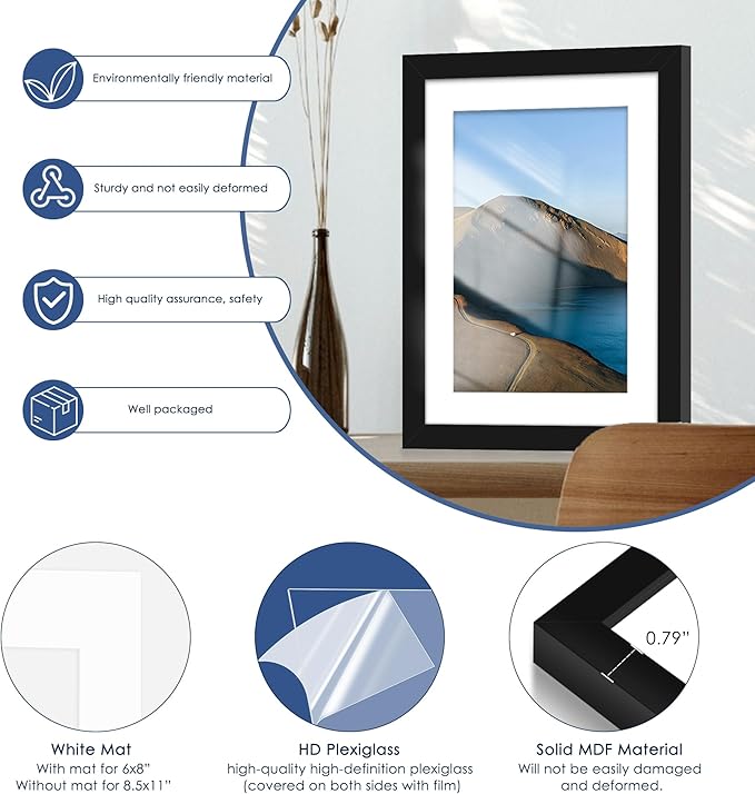 10x14 Picture Frame Set of 6, Wall Mount Display, Black | Display Pictures 8.5x11 with Mat or 10x14 Without Mat, Horizontal or Vertical, Gallery Wall Frame Set, Wedding Birthday Gifts