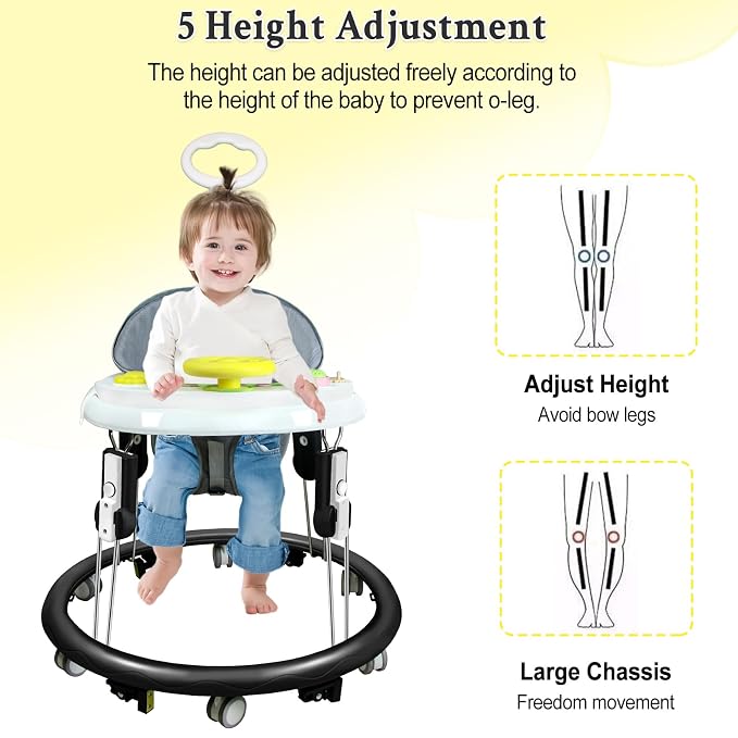 Foldable Baby Walker for Boys Girls, 5-in-1 Toddler Activity Walkers | Adjustable Height, Music Tray, Detachable Seat, Mute Wheels, Anti-Rollover, Knee Pads Socks Foot Pad, Portable, 8-24 Months