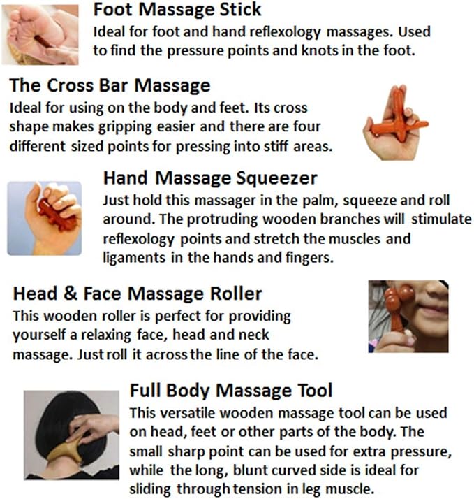 Reflexology Traditional Wooden Thai Massager Tools Full Body Foot Stick Hook Back Spa Face Gua Sha Therapy Trigger Point Massage Tool Relieve Shoulder Pain Wood (Set of 5 Full Body Massage)