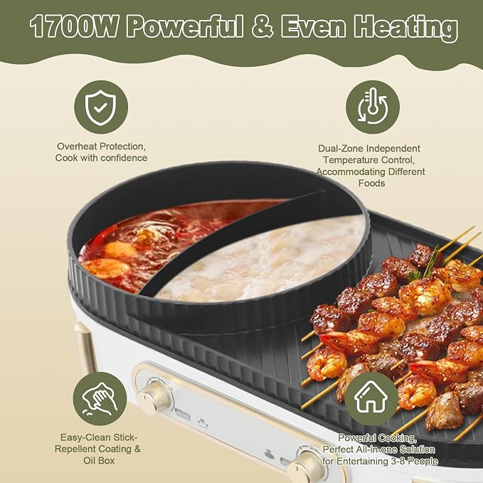 1700W Electric Hot Pot and Grill 2-in-1, with Dual Independent Temperature Control, 8-Person Non-Stick Cooker for Indoor Tabletop, Shabu Hotpot & Korean BBQ Grill, Family Gathering, Party