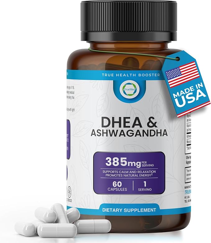 DHEA & Ashwagandha Supplement 385mg – Ashwagandha 250mg, DHEA 10mg, Vitamin C & B6 – Supports Relaxation, Natural Energy & Balanced Mood – Made in USA, 60 Vegan Capsules