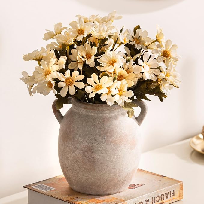Dobbyby Ceramic Flower Small Vase 6 inch Farmhouse Rustic Vase Decorative Pottery Terracotta Vases for Home Decor Table Mantle Fireplace Living Room Bathroom Wedding Centerpiece