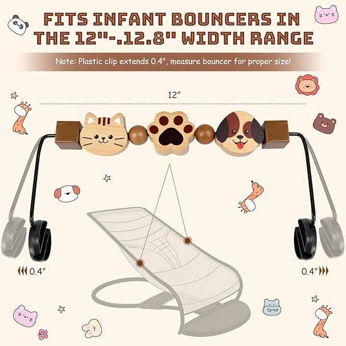 Toy Bar for Baby Bjorn Bouncer - Durable Wooden Sensory Toy Attachment with 360° Rotating Toys, Easy to Install & Remove, Natural Wood Color for Baby Bouncer Bliss & Soft Models