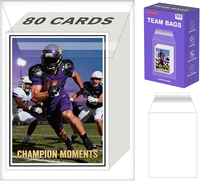 Oversized Team Bags for Trading Cards - Large Size Resealable Card Sleeves Perfect for 80 Loose Cards, 35PT to 360PT Toploaders & Magnetic Card Holders, Semi Rigid Card Holder Storage(500 Count)