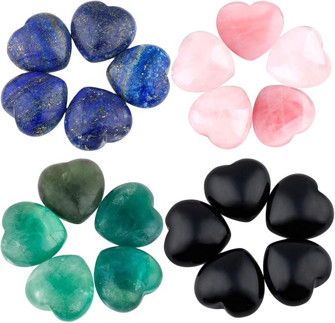 SUNYIK Assorted Crystal Stone Lava Rock Carved Puff Heart Pocket Stone Set, Healing Palm Crystal Set for Christmas, Pack of 8(1'')