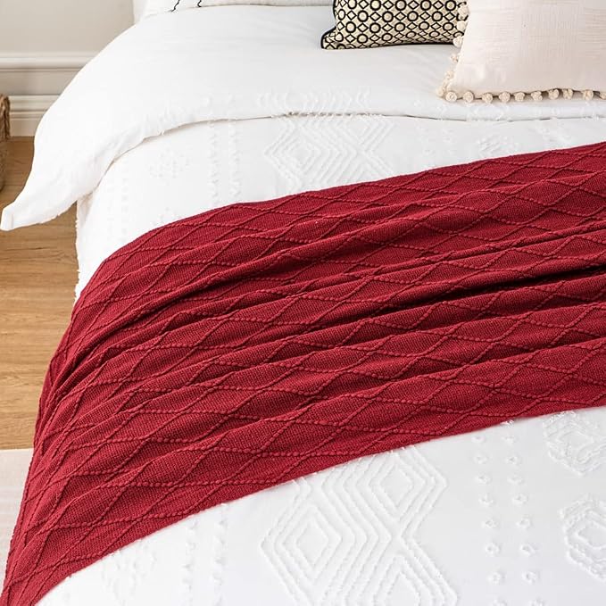 BATTILO HOME Red Throw Blanket Large Fringe Fall Throw Knitted Bed Throws for Couch Sofa Indoor Outdoor, Red, 52 x 80 in.