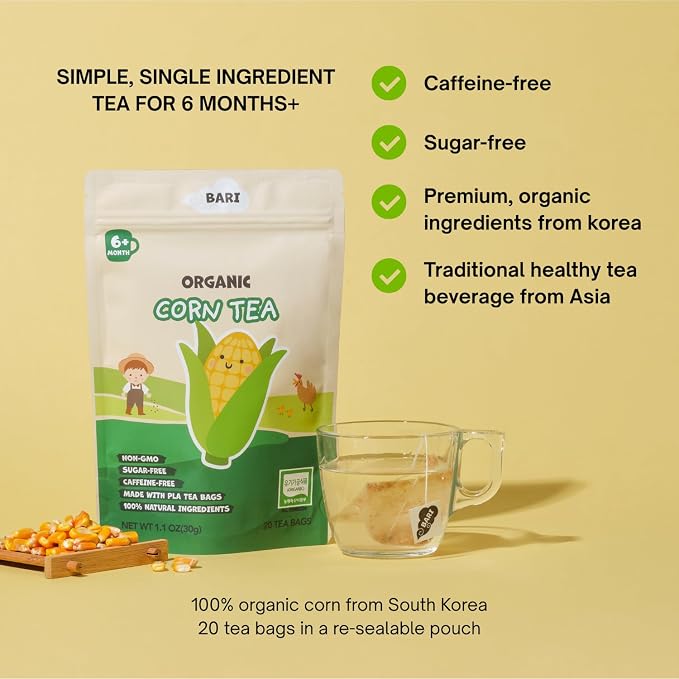 BARI Organic Baby Corn Tea – Baby Tea for the Whole Family | Korean Oksusu Cha, Caffeine-Free, No Sugar, Heavy Metal Tested | 20 Tea Bags