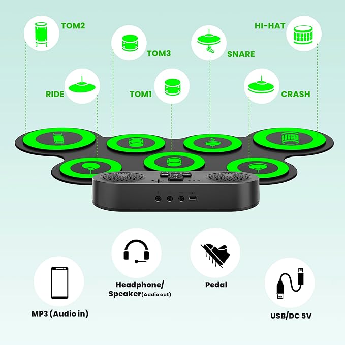 Electric Drum Set with Dual Speaker, Kids Drum Pad and Sticks Kit Supports REC, Portable Roll Up Drums Practice Pad for Kids, Great Gifts for Boys Girls