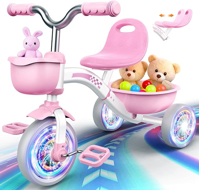Toddler Tricycle for 1-3 3-5 Year Olds, 2 3 4 5 Year Old Girl Birthday Gifts, Pink Toddler Baby Bike, Outdoor Riding Toys for Ages 2-4, 4-Level Adjustable Seat, 3 Color Light Wheels, 2 Baskets