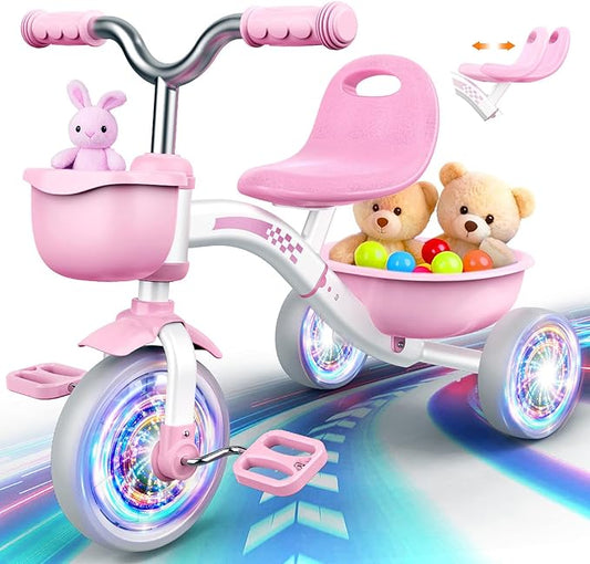 Toddler Tricycle for 1-3 3-5 Year Olds, 2 3 4 5 Year Old Girl Birthday Gifts, Pink Toddler Baby Bike, Outdoor Riding Toys for Ages 2-4, 4-Level Adjustable Seat, 3 Color Light Wheels, 2 Baskets