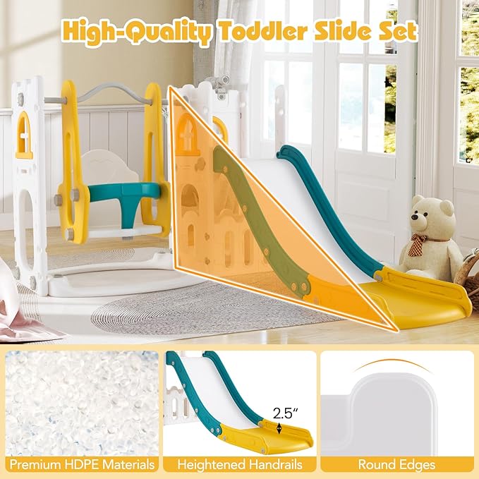 Costzon 7 in 1 Toddle Swing and Slide Set, Freestanding Toddler Slide Playset w/Swing, Basketball Hoop, Kids Slide for Toddler Age 1-3 Playground w/Storage Space, Gifts for Boys Girls (Yellow)