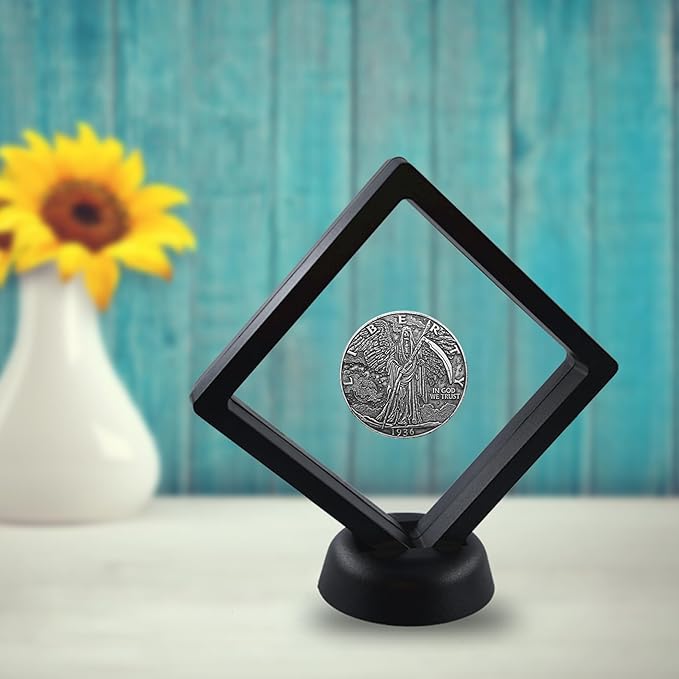 10Pcs Coin Holder Challenge Coin Display Stand, Black 3D Floating Display Case for AA Coin Medallions Jewelry Rock Gem Arrowhead Collecting and Display (3.5×3.5×0.8 inches)