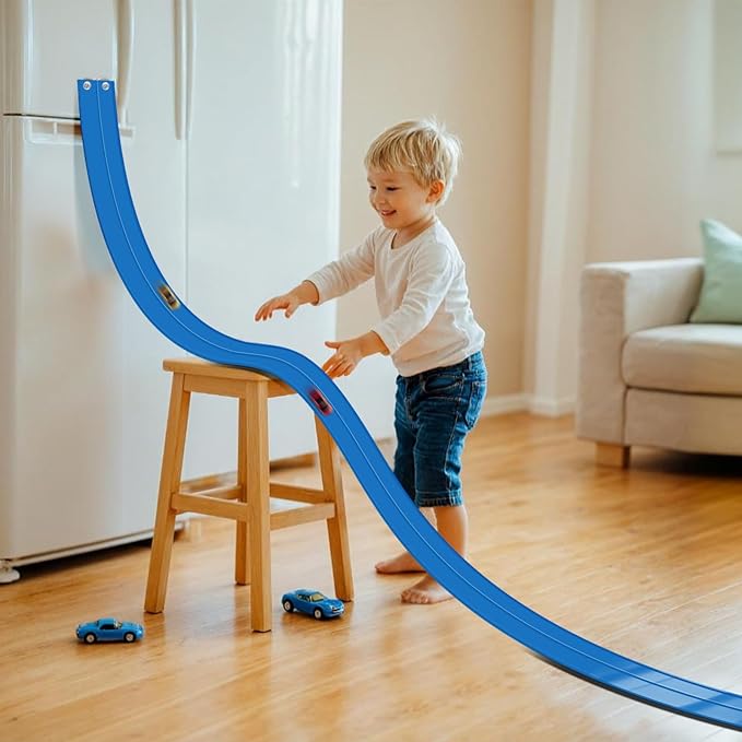 Flex Track 15 Ft Starter Set, Flexible Race Car Ramp Track for Ages 3 & Up with Suction Cups Compatible with Hot Wheels and Diecast 1/64th Cars (Blue)