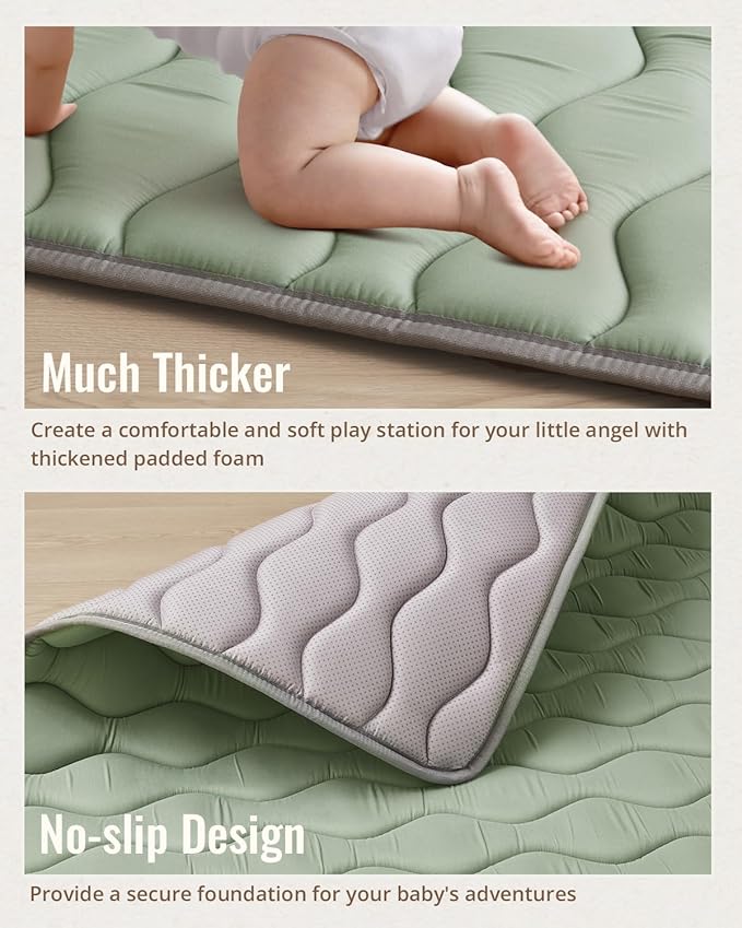 Blissful Diary Portable Baby Play Mats for Floor, 43" X 43" Thicker Cushioned Foldable Baby Crawling Mat for Indoor Outdoor, Non-Slip & Washable Kids Playmat for Tummy Time Activity, Sage Green