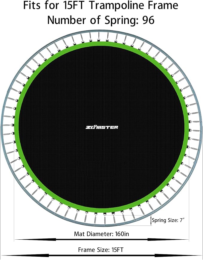 Zoomster Replacement Jumping Mat, Fits 15 ft Round Trampoline Frame with 96 V-Hooks, Using 7" Springs 160" Premium Trampoline Mat (Spring not Included)