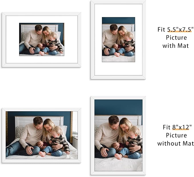 Picrit 8x12 Picture Frame Set of 12, Display 6x8 with Mat or 8x12 without Mat, Photo Frames for Wall Mounting or Table Top Display, White