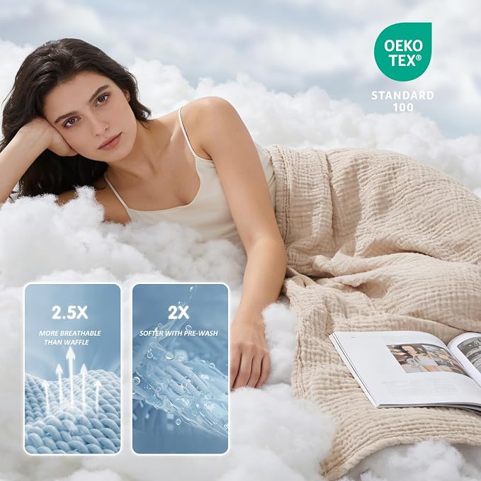 EMME Cotton Muslin Queen Blanket Bed Layering Bedspread Coverlet Breathable Gauze Soft Lightweight Blankets (Heather Beige, 90"x90")