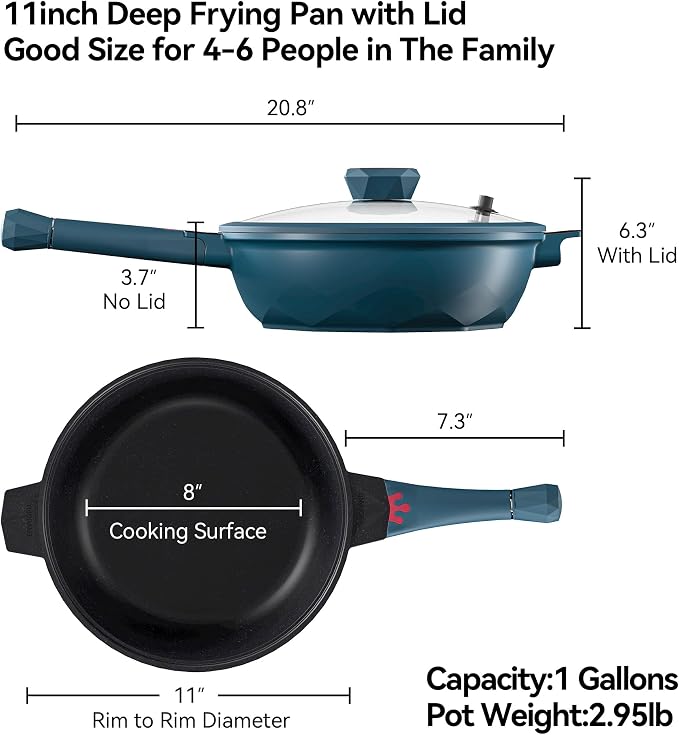 TIBORANG 11 Inch Nonstick Frying Pan with Lid,8-in-1 Multipurpose Cookware | 5 Qt Deep Sauté Pan Skillet with Steamer, PFOA-Free, Dishwasher & Oven Safe, Induction Compatible, Stay-Cool Handle,Dark Teal