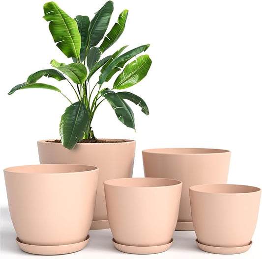 Plant Pots Indoor with Drainage, 5 Pack Multi-Size Planters Set, Pink | Drainage holes included Multiple sizes 7/6.6/6/5.3/4.8 In Indoor plants and flowers Durable plastic construction