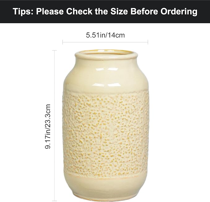 Beige Ceramic Vase for Flowers - 9 Inch Textured Cream Vase for Pampas Grass, Modern Farmhouse Vases for Home Decor, Table Centerpiece, Shelf, and Mantle Decor