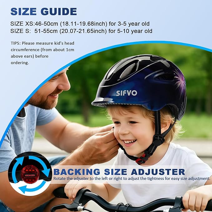 Kids Bike Helmet with LED Light, SIFVO Youth Toddler Boys Girls Helmets,2 Size Adjustable for Ages 3-5-10,Multi-Sport for Bicycle, Scooter, Skateboard,46-55cm