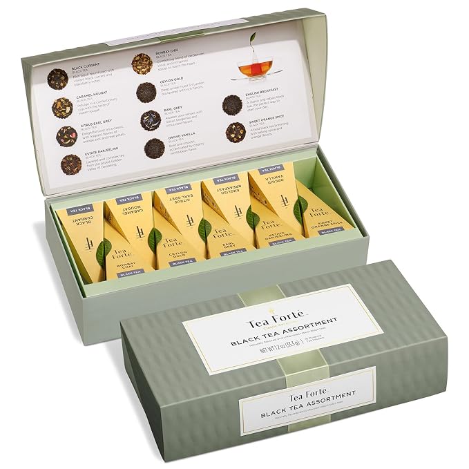 Tea Forte Premium Petite Presentation Box Gift Set Sampler, 10 Count, 2 of Each Blend Individually Wrapped Handcrafted Pyramid Infuser Bags, Black Variety