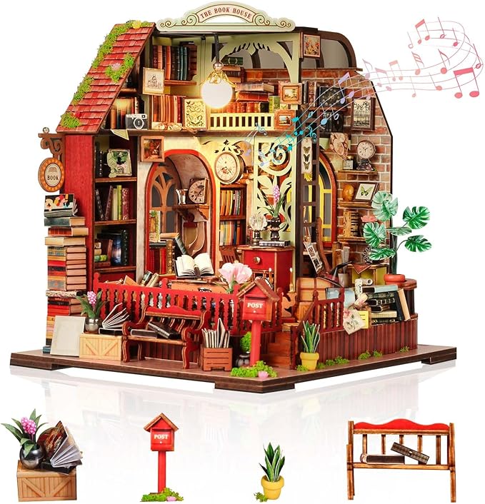 Foyucool DIY Miniature House Kit, Dollhouse Kit with Music and LED Light, Mini House Building Kits for for Adult to Building, Christmas Home Decorations Gifts for Family and Friends, Bookhouse