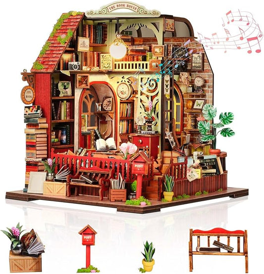 Foyucool DIY Miniature House Kit, Dollhouse Kit with Music and LED Light, Mini House Building Kits for for Adult to Building, Christmas Home Decorations Gifts for Family and Friends, Bookhouse