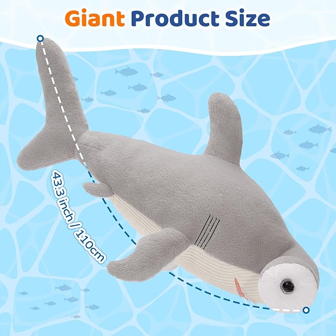 Tezituor 43.3 inch Giant Hammerhead Shark Stuffed Animal, 4ft Large Stuffed Hammerhead Shark Plush Ocean Toys, Realistic Gray Shark Plush Pillow for Girls Boys